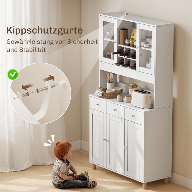 HOMCOM 180 cm Küchenschrank, 2 Glastüren, 3 Schubladen, 4 verstellbare Regale, Esszimmerschrank, Spanplatte, Weiß