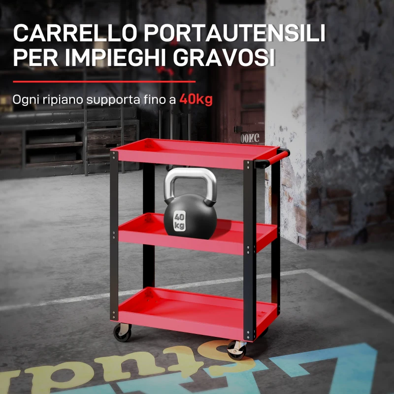 HOMCOM Carrello Porta Attrezzi a 3 Ripiani in Metallo e PP, 70.5x35x82.5 cm, Rosso e Nero