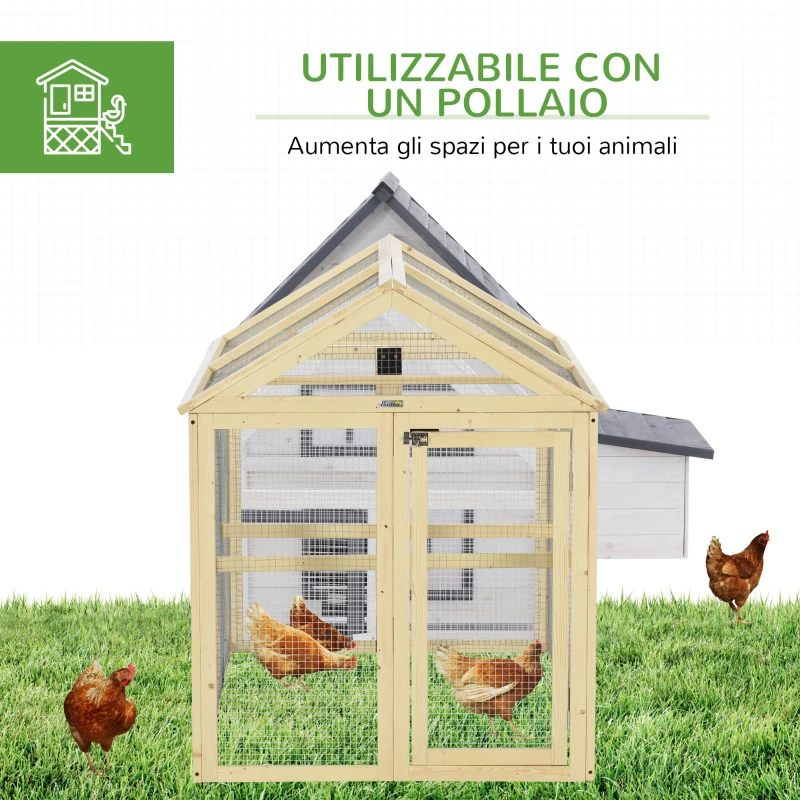 PawHut Recinto per Galline all'Aperto in Legno con Porte Multiple e Rete in Metallo, 140x88.5x106 cm, color Legno