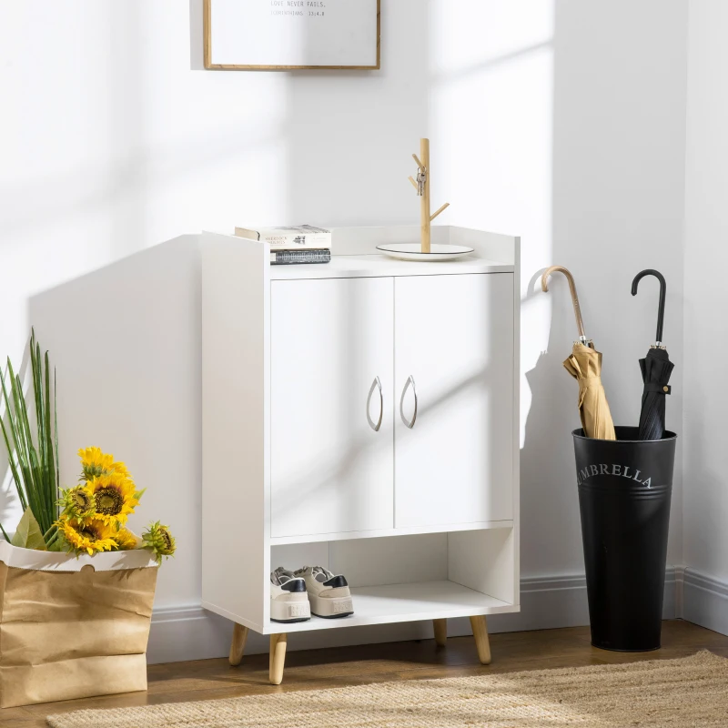HOMCOM Meuble à Chaussures scandinave Placard 2 Portes 4 étagères Pieds effilés inclinés Bois Massif Panneaux Particules Blanc