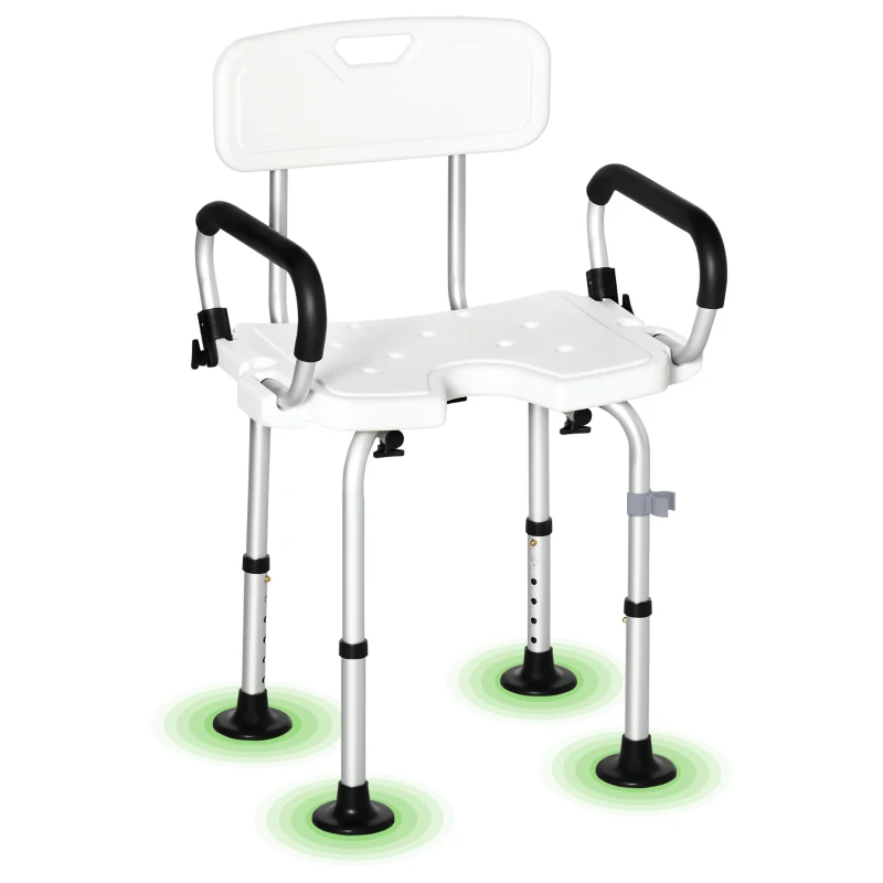 HOMCOM Chaise de douche, tabouret de douche réglable en hauteur avec dossier et accoudoirs rabattables, assise U, pieds antidérapants à ventouses, pour personnes âgées et handicapées, alu HDPE, blanc