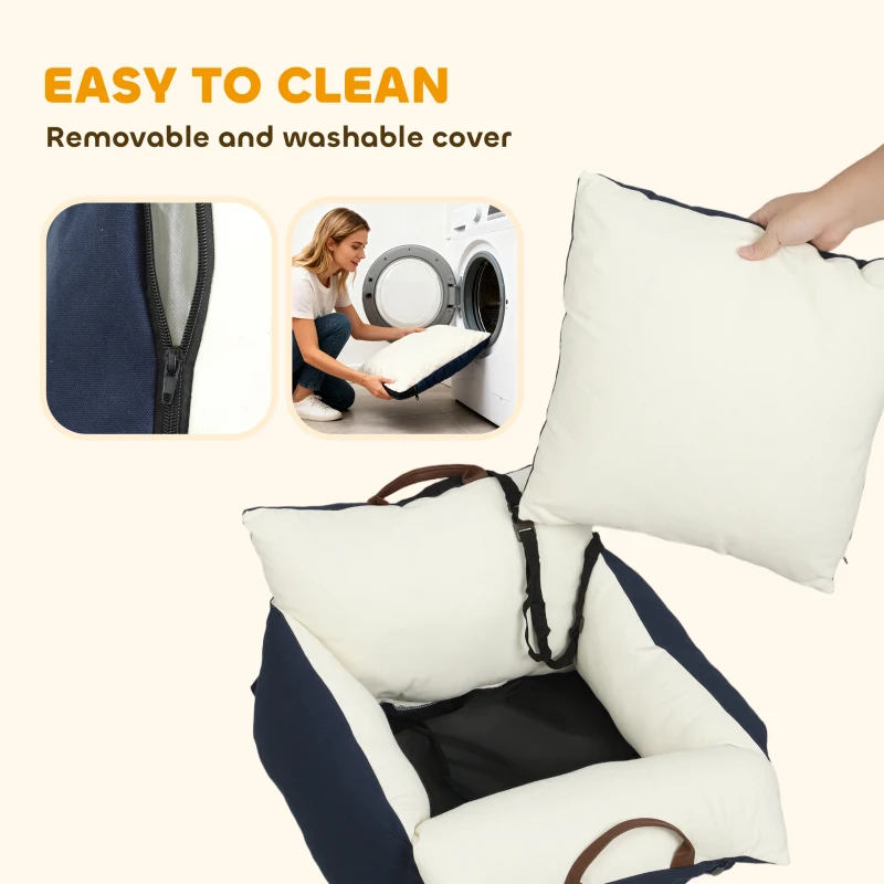 PawHut Dog Car Seat, Cosy Pet Car Booster Seat for Small Dog Under 5 KG, Portable Travel Bed with Safety Belts, Navy Blue