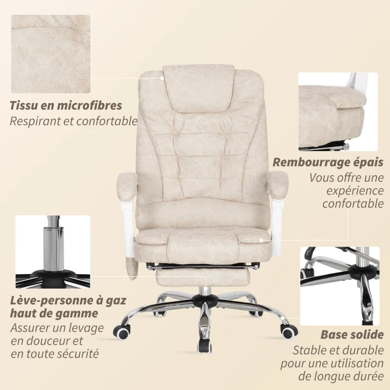 Vinsetto Fauteuil de bureau massant et chauffant, chaise de bureau, hauteur réglable, dossier inclinable, 65x70x111-119cm, crème