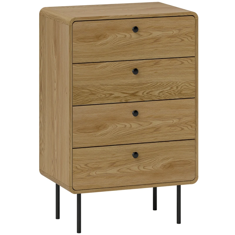 HOMCOM Commode 4 tiroirs, meuble de rangement étroit avec pieds en acier, coins arrondis, 60 x 39 x 91,5 cm, chêne