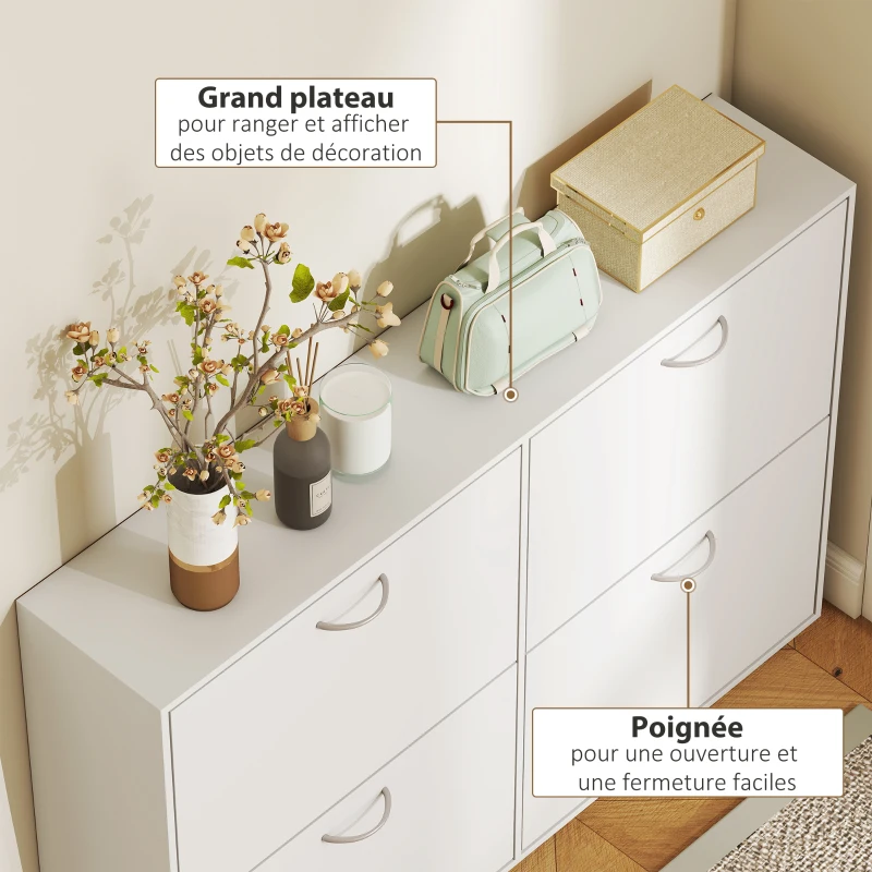 HOMCOM Armoire à Chaussures Meuble à Chaussures Grande Taille dim. 120L x 24l x 81H cm 4 Portes abattantes Double Niveau en Bois Blanc