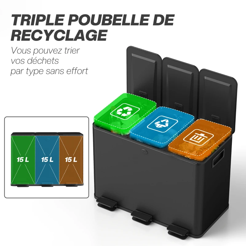 HOMCOM Poubelle de cuisine 45L avec 3 compartiments de 15L, couvercle, seaux intérieurs amovibles, 3 x 15L, noir