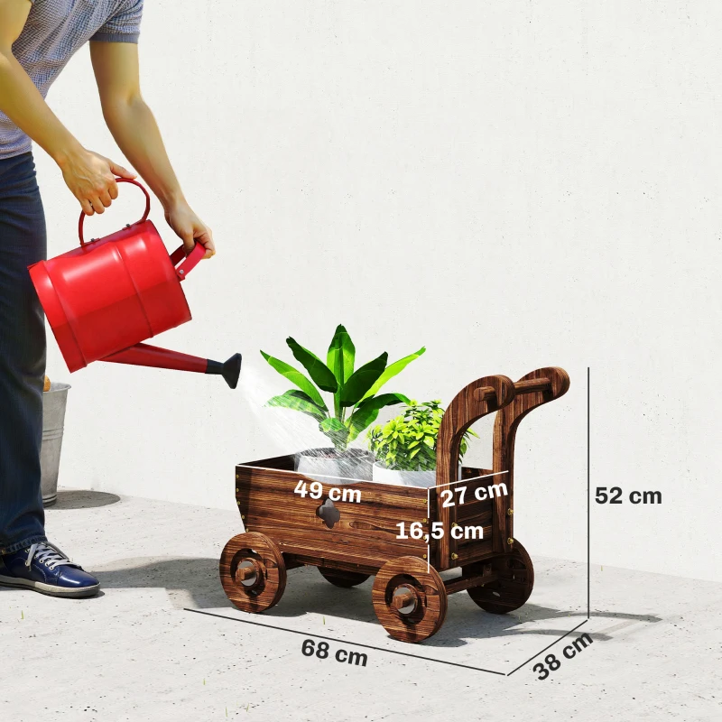 Outsunny Bac surélevé en bois, jardinière en forme de chariot avec 4 roues et poignée 68 x 38 x 52cm