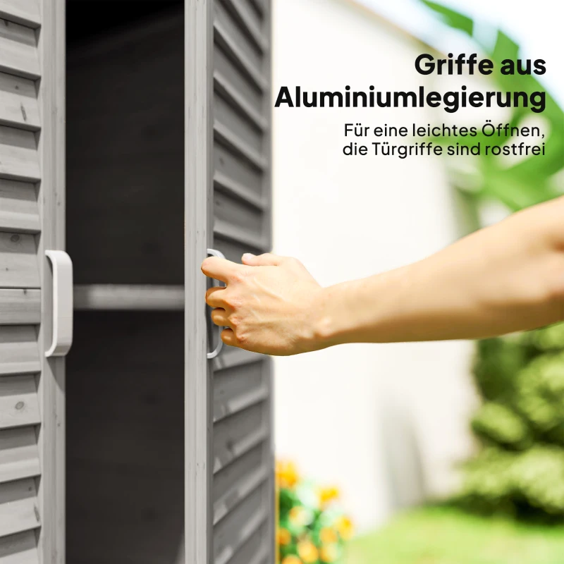 Outsunny Gartenschrank Holz Gerätehaus Geräteschuppen Geräteschrank Holzhütte Pultdach Bitumenpappe Lamellentüren Grau 87 x 46,5 x 96,5 cm