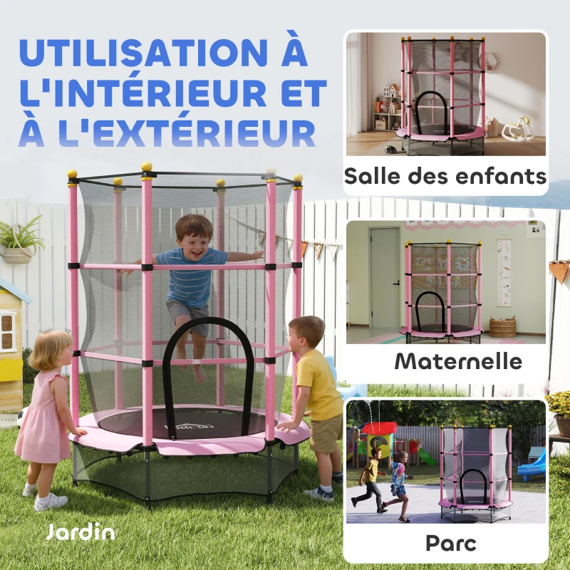 HOMCOM Trampoline Enfant Ø 1,40 × 1,90H m Filet de sécurité Porte zipée Couvre-Ressorts 6 poteaux rembourrés Inclus Rose