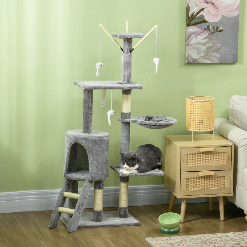 PawHut Arbre à chat tour de jeux pour chats avec griffoirs, plates-formes, échelle, hamac, 50 x 35 x 134,2 cm gris foncé