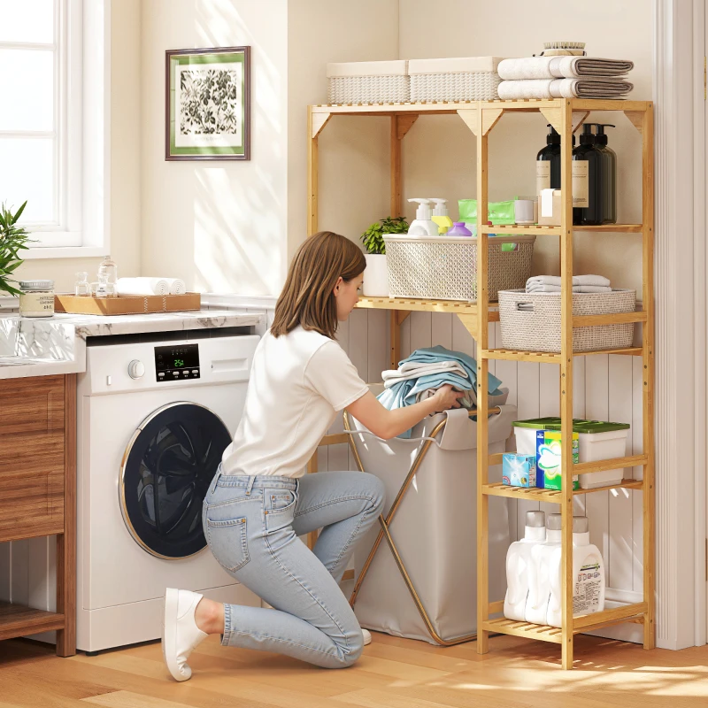 HOMCOM Washing machine shelf, multiple open compartments, for laundry, accessories, bamboo wood