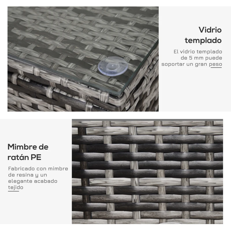 Outsunny Mesa Exterior Terraza de Ratán Sintético Mesa Auxiliar con Vidrio Templado para Terraza Patio Balcón 85x50x39 cm Gris