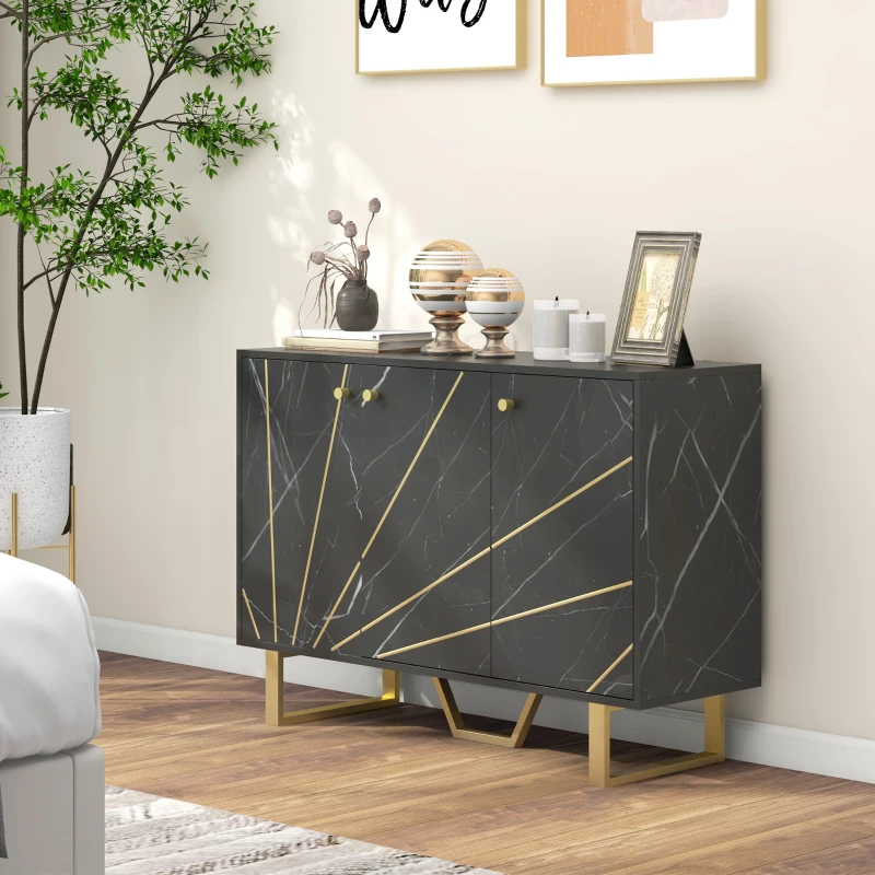HOMCOM Meuble de rangement buffet salon avec 2 placards 3 portes et étagère réglable, pieds en métal, aspect marbre noir