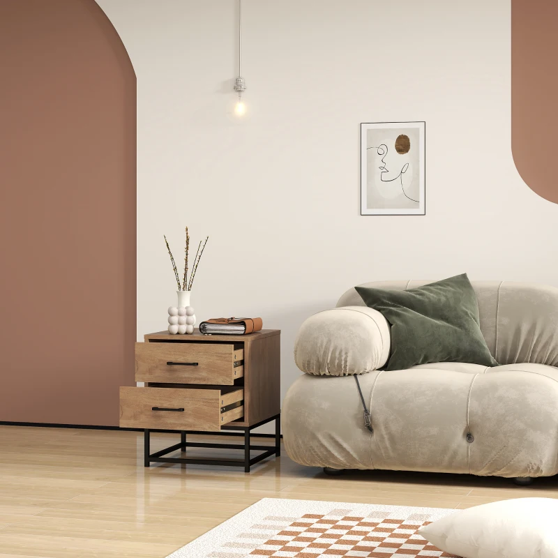 HOMCOM Conjunto de 2 Mesas de Cabeceira com 2 Gavetas Estilo Industrial para Quarto Sala 40x39,5x48 cm Madeira Natural
