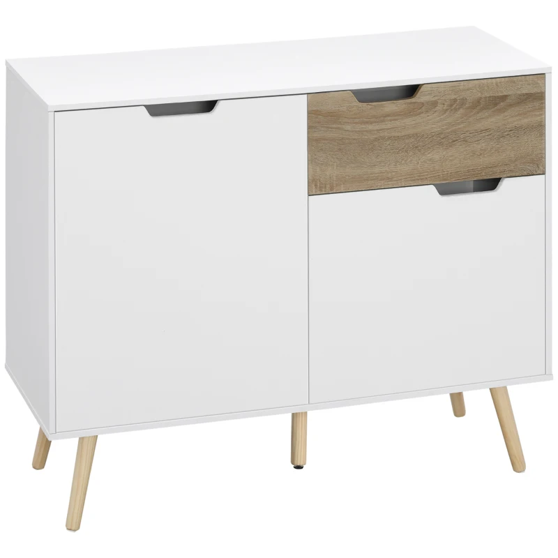 HOMCOM Buffet Meuble de rangement sur pied scandinave placards pour Salle de bain, salon, Cusine, Pieds en Bois Massif pin - Blanc - dim. 98L x 39l x 81,5H cm