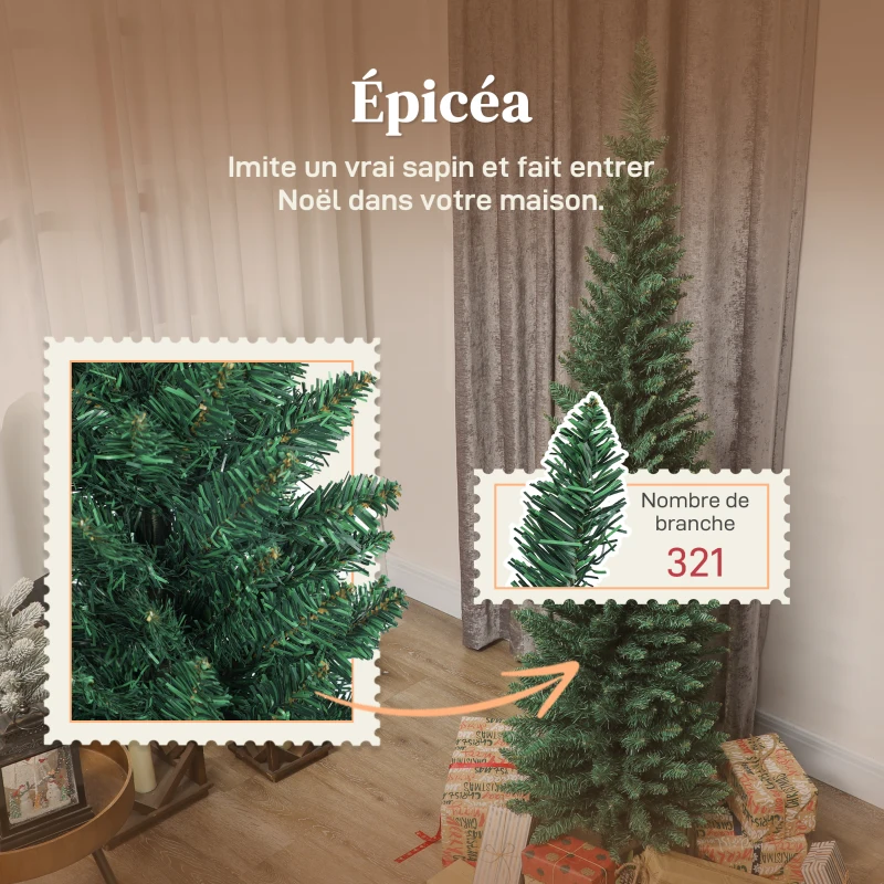HOMCOM Sapin de Noël artificiel 180 cm, arbre de Noël slim, 321 pointes, facile à monter et ranger, pour maison bureau, vert