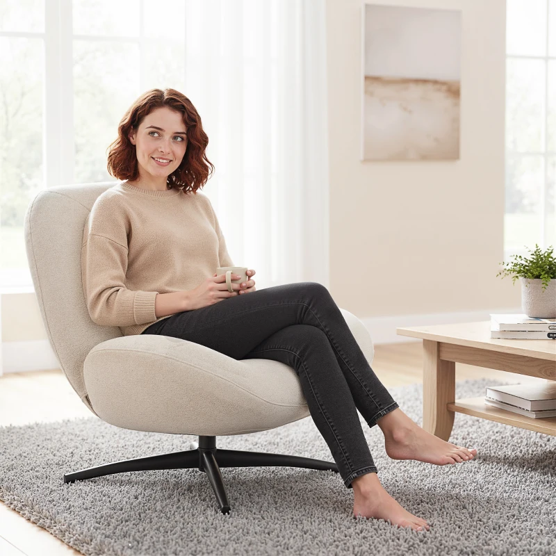 Fotel HOMCOM, Obrotowy o 360°, Lounge z Szerokim Siedziskiem, Zintegrowane Podłokietniki, Gruba Tapicerka, Fotel Relaksacyjny z Chenille, z Krzyżującymi się Nogami ze Stali, do Salonu, Kremowy