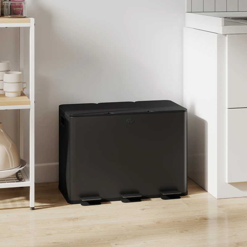 HOMCOM Poubelle de cuisine 45L avec 3 compartiments de 15L, couvercle, seaux intérieurs amovibles, 3 x 15L, noir