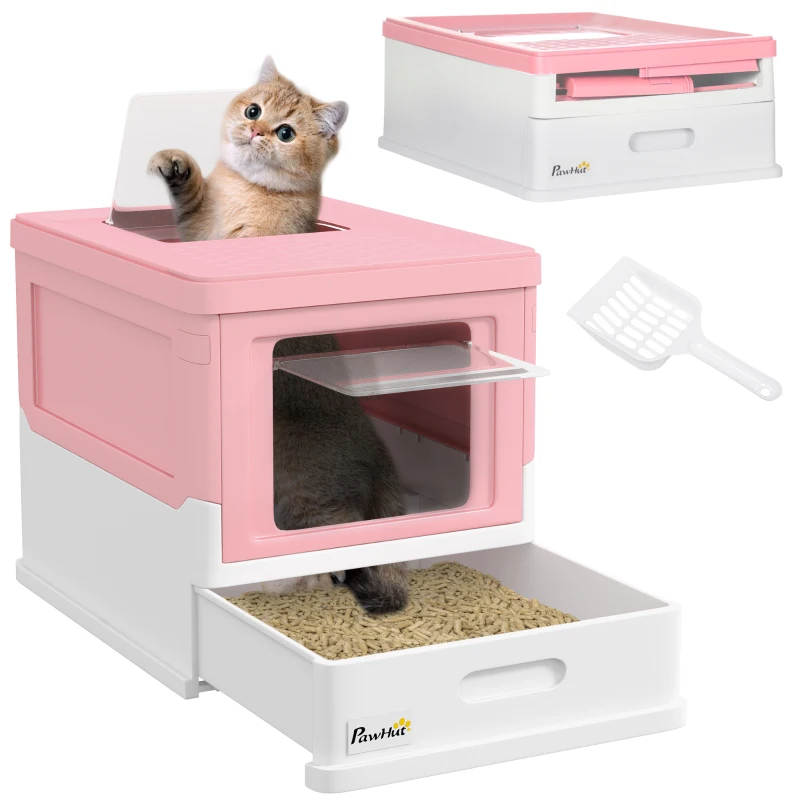 PawHut Lettiera per Gatti Chiusa in PP a 2 Porte con Paletta e Vassoio Estraibile, 47.5x35.5x36.7 cm, Rosa e Bianco