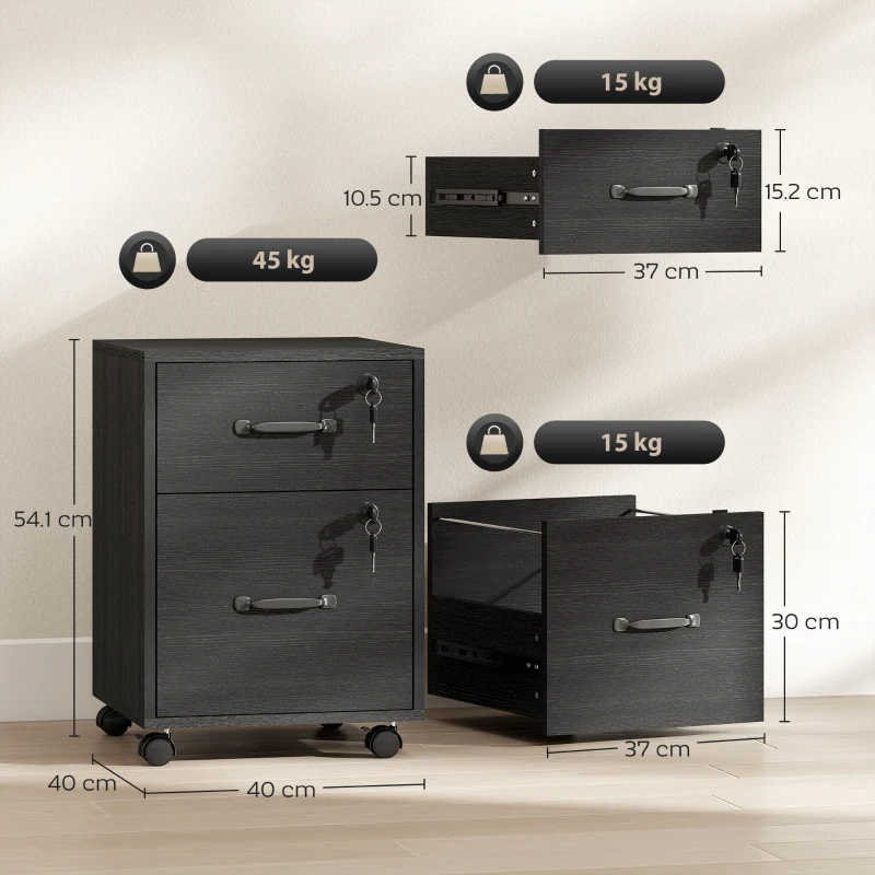 HOMCOM Rolling File Cabinet with 2 Drawers, Mobile Filing Cabinet with Hanging File Folder for Letter Sized Documents, Black