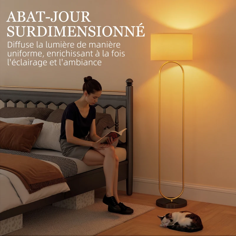 HOMCOM Lampadaire abat-jour en lin douille E27 style moderne interrupteur à pied pour salon et chambre 156 cm doré et noir