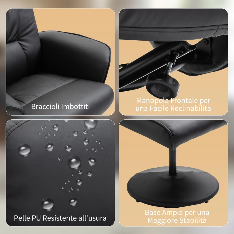 HOMCOM Poltrona Massaggiante con Pouf Poggiapiedi, Reclinabile a 145° con Seduta Girevole e 10 Punti Massaggio, Nero