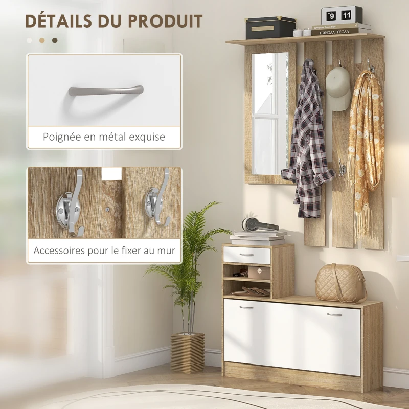 HOMCOM Meuble d'entrée vestiaire avec panneau porte-manteau, miroir et banc à chaussures - 6 crochets et étagère réglable