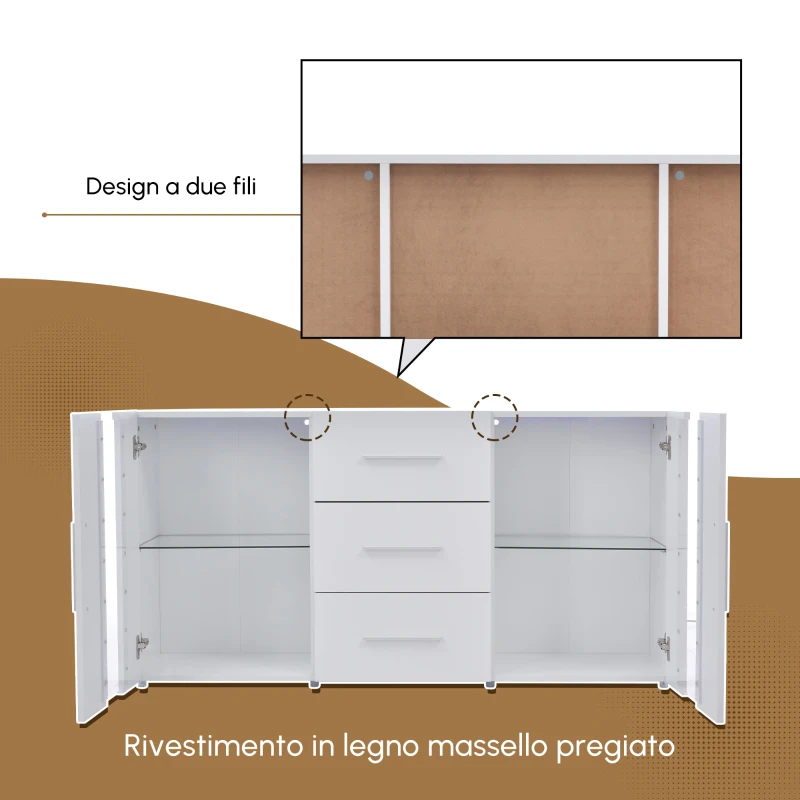 Credenza Moderna con LED Multicolore, 3 Cassetti e 2 Armadietti, Ampio Spazio, per Soggiorno e Cucina, 140x35x70 cm, Bianco
