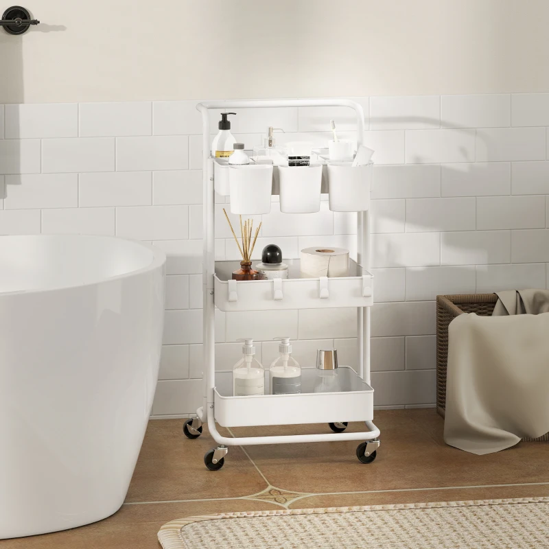 HOMCOM Three-Tier Home Trolley, with Handle and Wheels - White