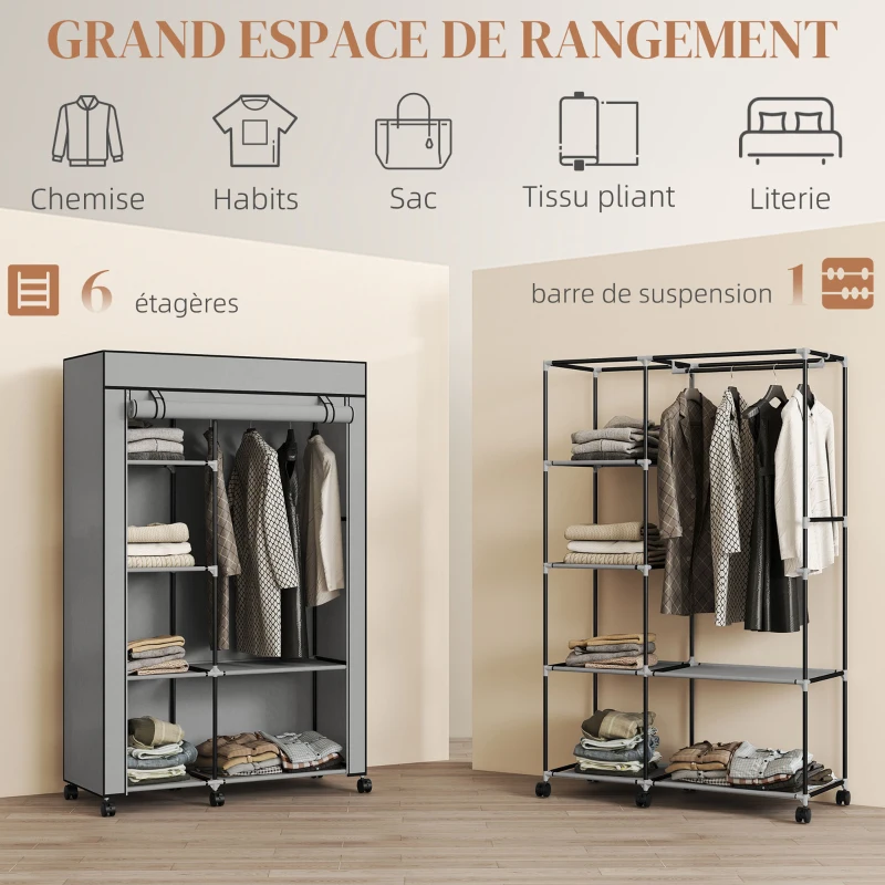 HOMCOM Armoire penderie en tissu meuble de rangement 6 roulettes tringle à vêtements et étagères ouvertes 103x43x162,5cm gris