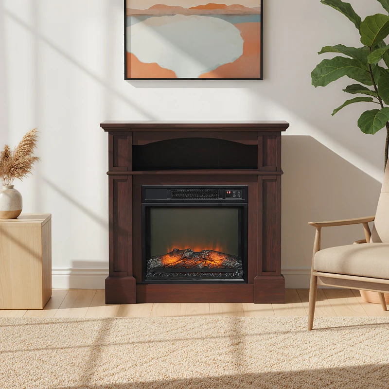 HOMCOM Cheminée électrique effet flammes LED luminosité réglable avec télécommande - 1800 W - 80,5 x 32,3 x 80,5 cm