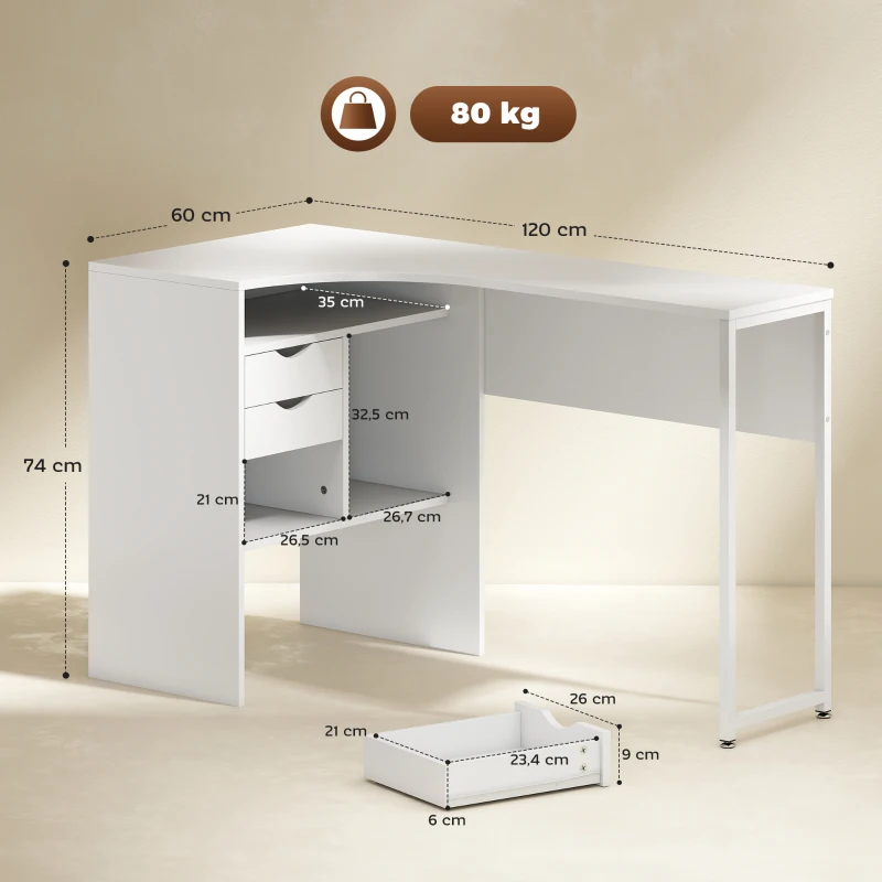 HOMCOM Bureau d'angle, bureau informatique avec 2 tiroirs et 3 compartiments ouverts, 120 x 60 x 74 cm, blanc