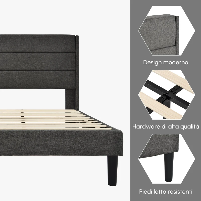 Letto Singolo con Rete a Doghe e Imbottito Testiera, Tessuto in Lino, Design Moderno, senza Materasso, 209x96x111 cm, Grigio Scuro
