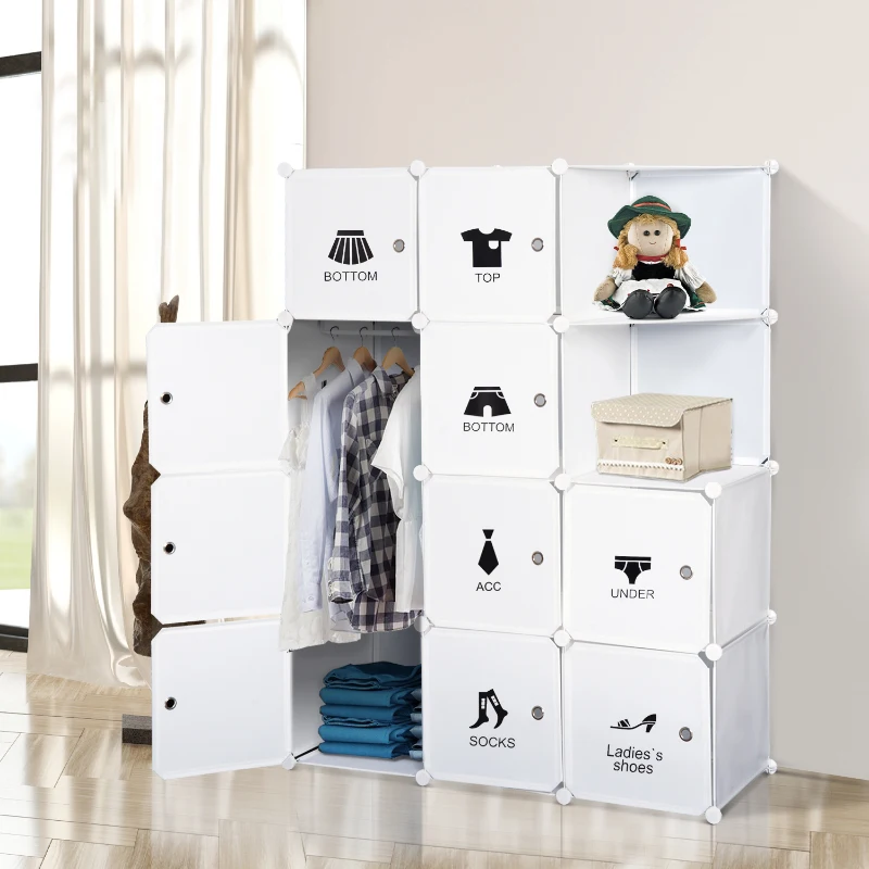HOMCOM Armário de Roupa Modular Multi-Arrumação 10 Cubos 2 Prateleiras Autocolantes Decorativos 111x47x145 cm em Plástico Branco