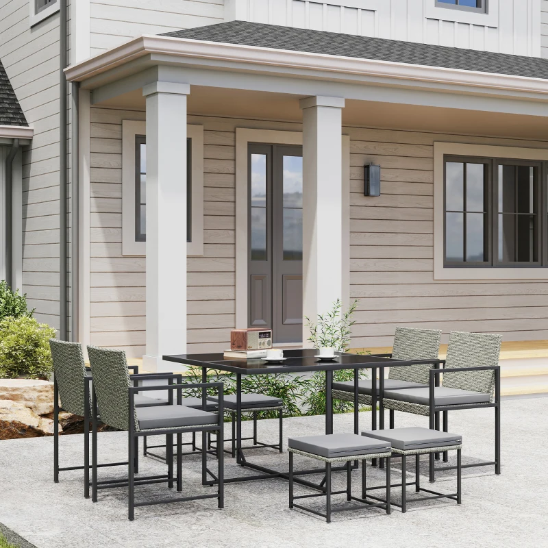 Outsunny Salon de jardin extérieur en résine tressée 8 places avec coussins et plateau en verre trempé, gris