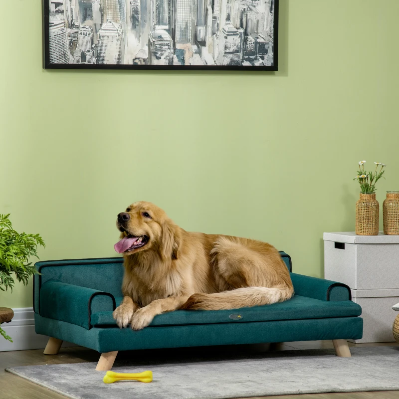 PawHut Canapé pour chien chat design scandinave coussin moelleux amovible pieds bois massif 100 x 62 x 32 cm bleu canard