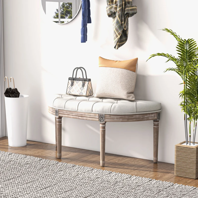 HOMCOM Banco de Pé de Cama em Forma Meia-Lua Estilo Luís XVI Estrutura em Madeira Maciça Esculpida Assento em Tecido Creme