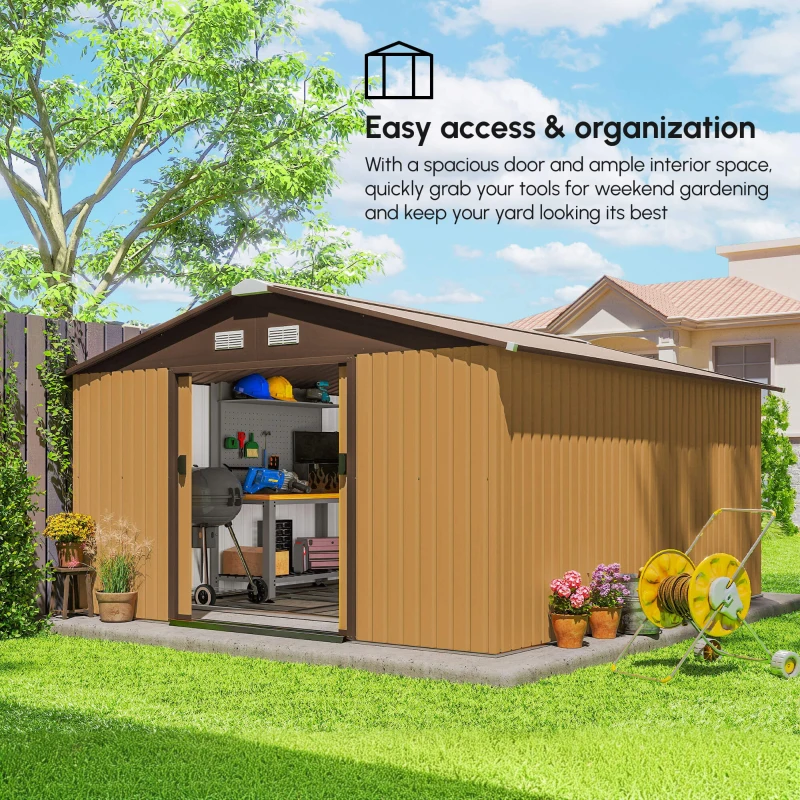 Outsunny 13 x 11ft Metal Garden Shed, Outdoor Storage Tool House with Ventilation Slots, Foundation Kit and Lockable Double Doors, Yellow