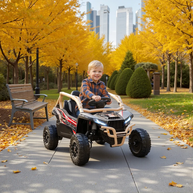 AIYAPLAY Carro Elétrico Infantil Utv Kawasaki Teryx Krx 1000 12 V com 2 Motores de 25 W Telecomando 2,4 Ghz 100x64x56 cm Amarelo