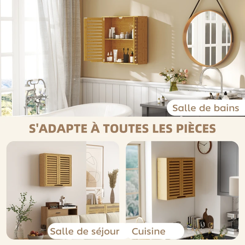 HOMCOM Armoire murale de salle de bain, meuble de rangement avec étagère réglable, en bambou 60 x 20 x 60 cm effet bois naturel