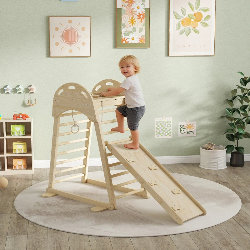 AIYAPLAY Triângulo de Escalada Montessori 6 em 1 Estrutura de Madeira com Plataforma Anéis e Escorrega para Escalar ou Deslizar Madeira