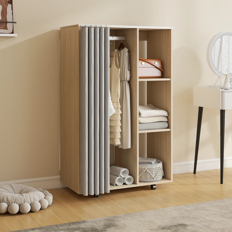HOMCOM Armário Closet Móvel 4 Rodízios Varão para Roupas e Prateleiras 80x40x128cm Efeito Madeira Natural