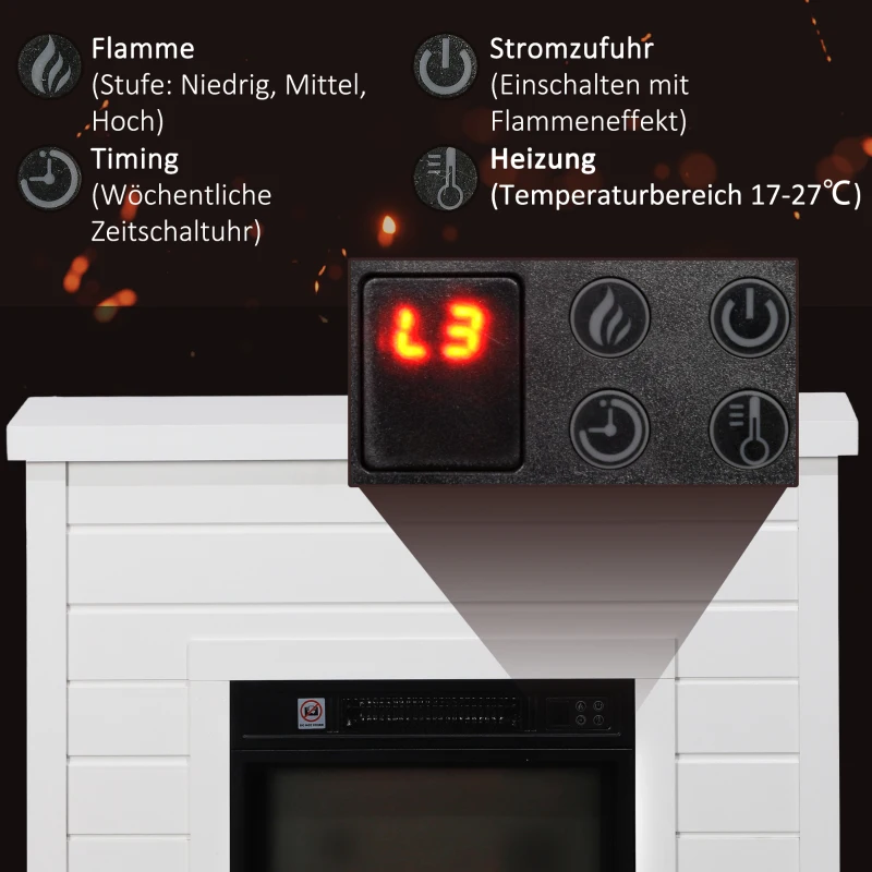 HOMCOM Elektro-Kamin, 3D-Flammeneffekt, 3 Einstellungen, Timer, Fernbedienung, Weiß