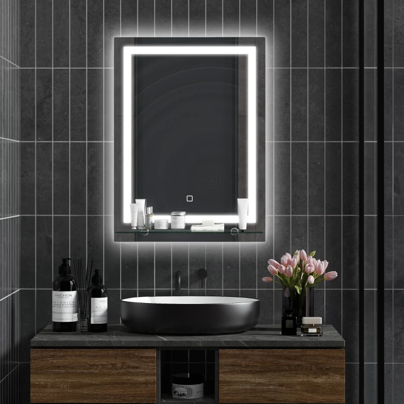 kleankin Miroir lumineux LED mural de salle de bain avec étagère intégrée 3 couleurs luminosité réglable interrupteur tactile