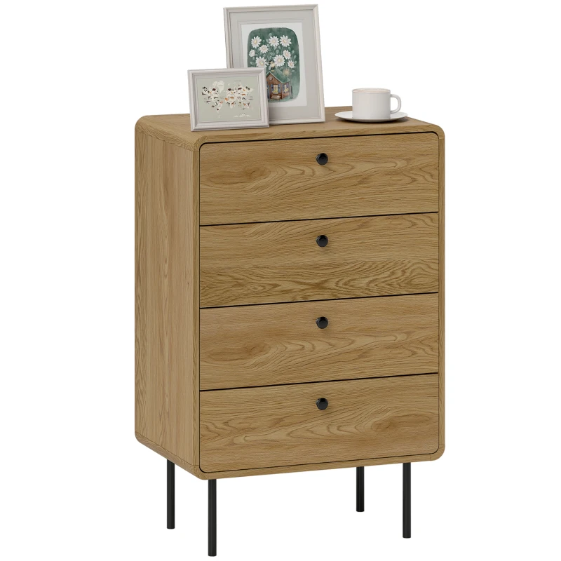HOMCOM Commode 4 tiroirs, meuble de rangement étroit avec pieds en acier, coins arrondis, 60 x 39 x 91,5 cm, chêne