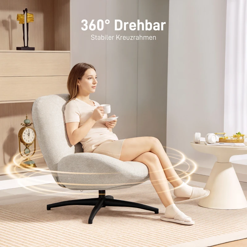 Fotel HOMCOM, Obrotowy o 360°, Lounge z Szerokim Siedziskiem, Zintegrowane Podłokietniki, Gruba Tapicerka, Fotel Relaksacyjny z Chenille, z Krzyżującymi się Nogami ze Stali, do Salonu, Kremowy