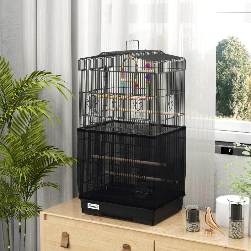 PawHut Cage pour oiseaux avec poignée, plateau extractible, perchoirs en bois, balançoire et gamelles, 46.5x35.5x92cm, Noir