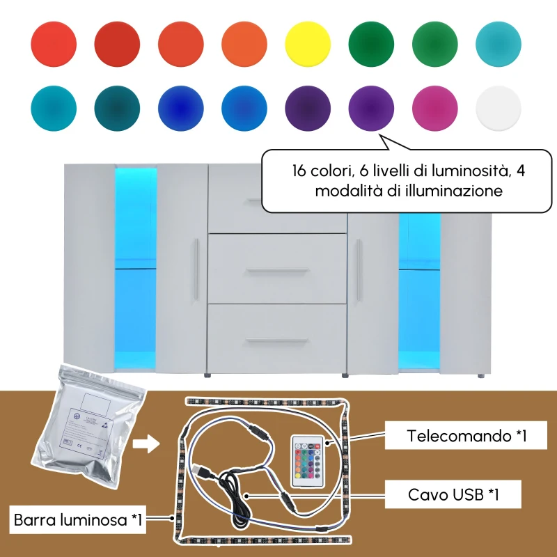 Credenza Moderna con LED Multicolore, 3 Cassetti e 2 Armadietti, Ampio Spazio, per Soggiorno e Cucina, 140x35x70 cm, Bianco