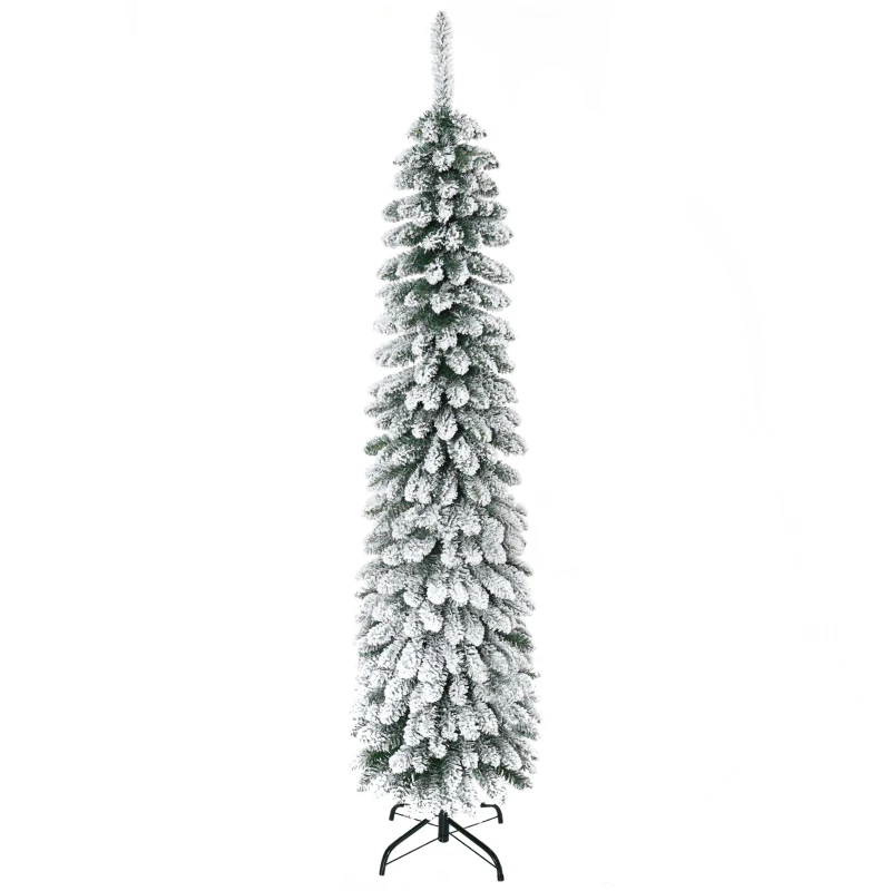 HOMCOM Künstlicher Weihnachtsbaum, schneebedeckt, schmales Design, feuerfest, 180 cm, Grün/Weiß