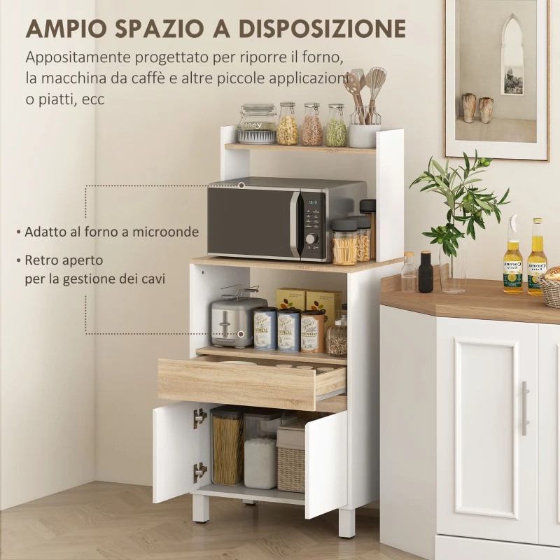 HOMCOM Mobiletto per Microonde in Legno con Mensola, Ripiano Aperto, Cassetto e Armadietto, 60x40x131 cm, Bianco